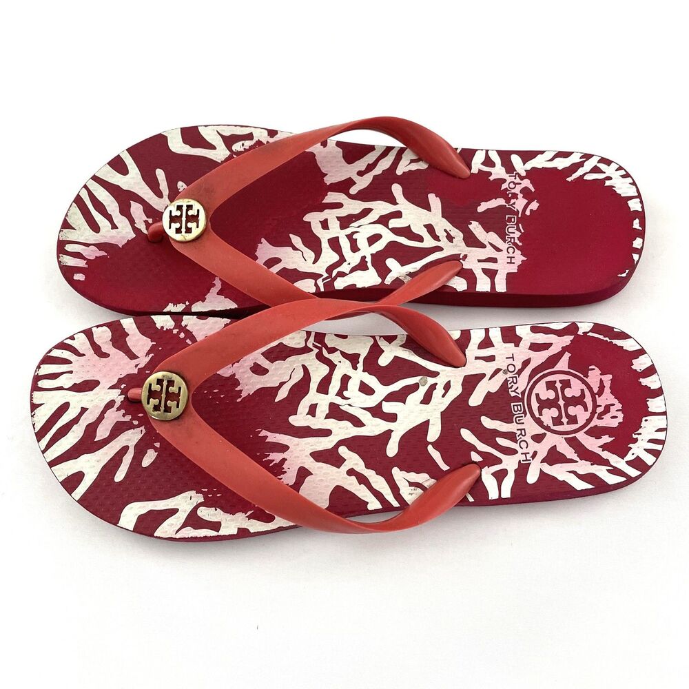 Tory Burch Flip Flops Red Pink Coral Print Thong Sandals Estimated Sz 9.5-(mpv)